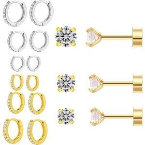 Mixed Metal Hoop & CZ Stud Earring Set – Gold & Silver Tones for Minimalist